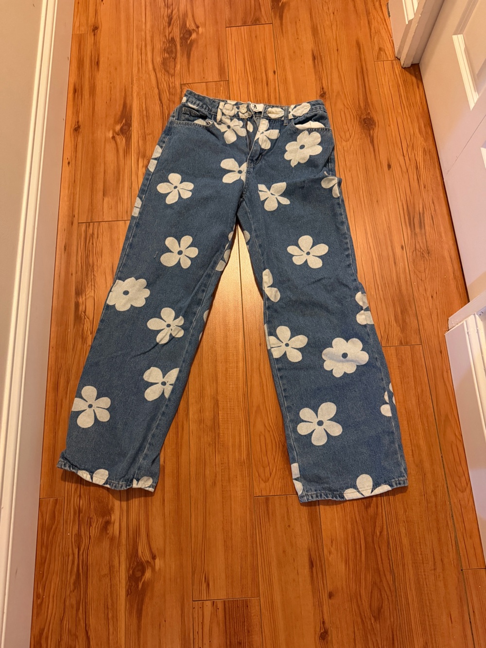 Blue Floral Straight-Leg Jeans with White Flower Print